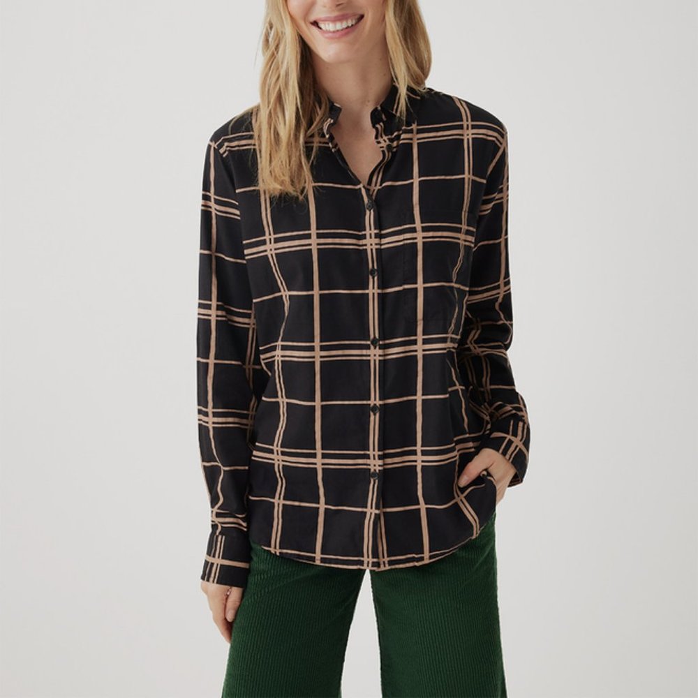 NWT Pact Sunset Light Gauze Classic Shirt Black Window Pane Small Organic Cotton
